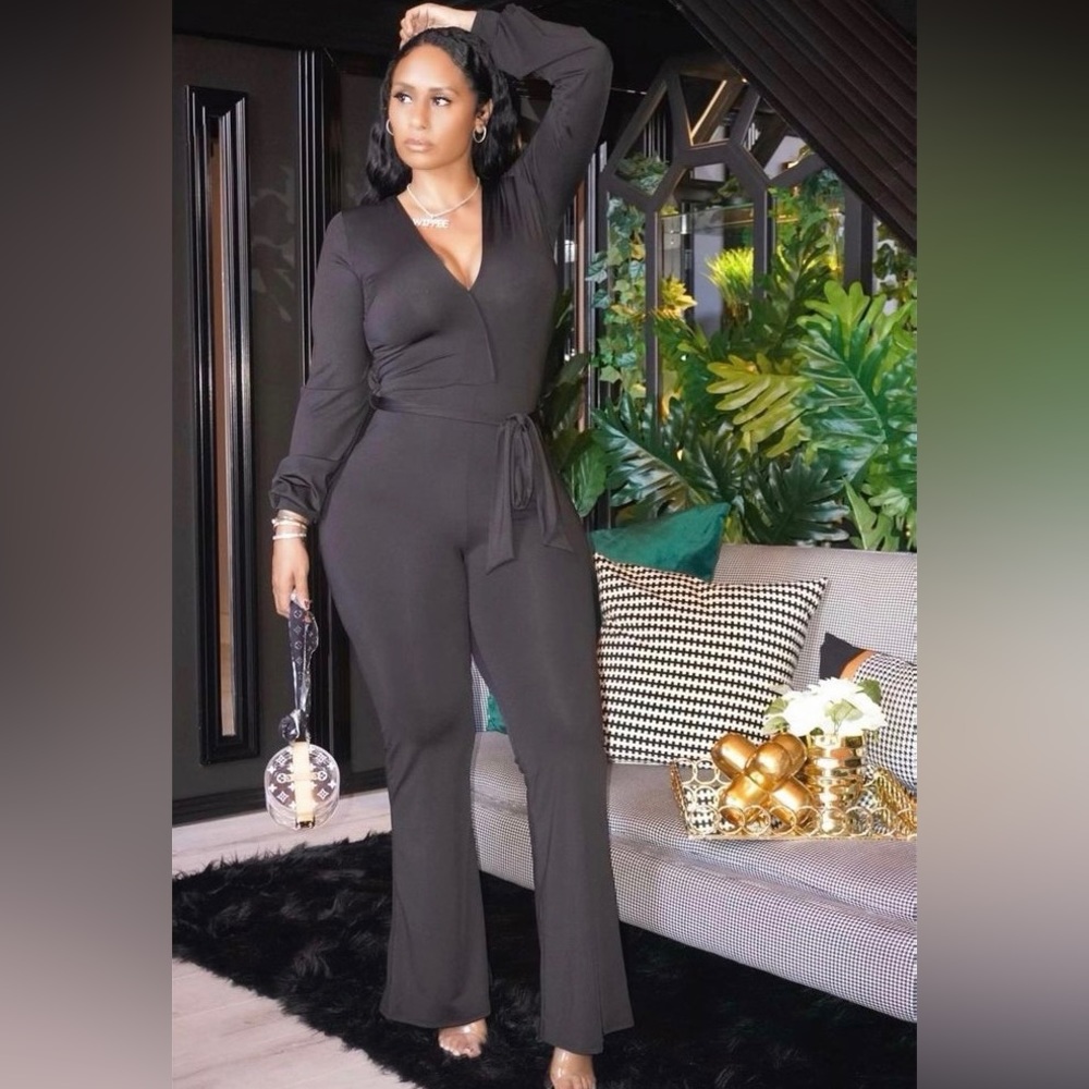 Black Flare Leg plunging neckline jumpsuit